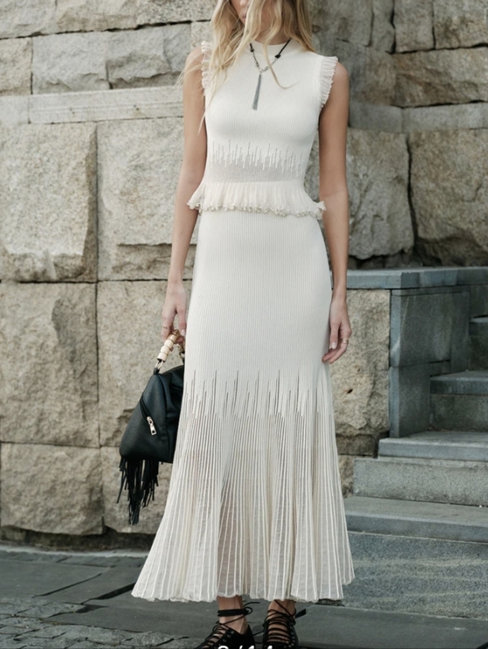 Commense Knit Pleated Ruffle Maxi *Skirt Only* White M NWT
